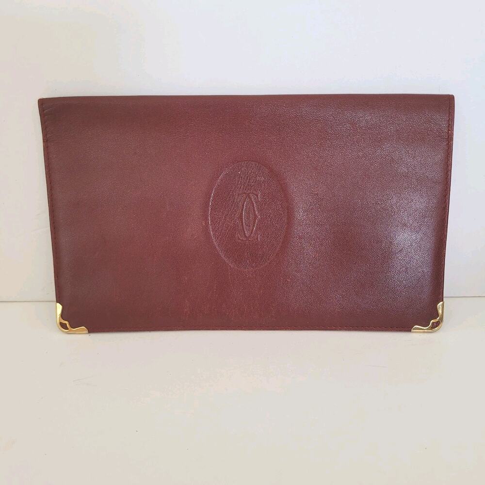 Cartier Vintage Bifold Leather Bordeaux Red‎ Wallet Large Credit Card Burgundy